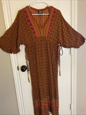 Brand Angie- SZ small Boho Rust Floral Maxi Dress with Embroidered V-Neck